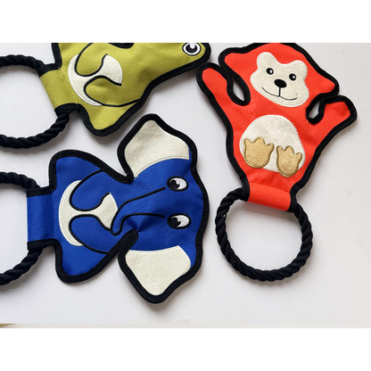 Angled close view of the crocodile, monkey and elephant rope dog toys