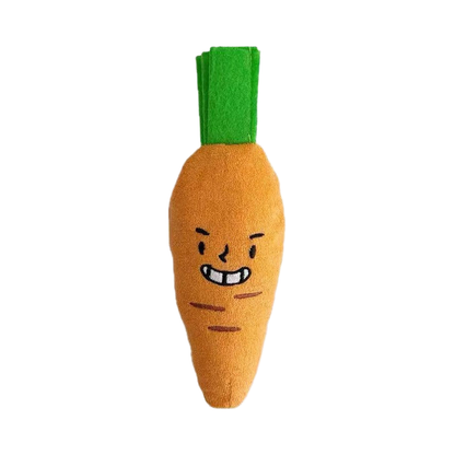 Carrot-shaped plush dog toy with embroidered smiling face, front view