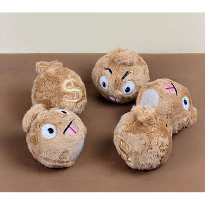 Brown money bag-shaped dog toys arranged at different angles with front, back and side views