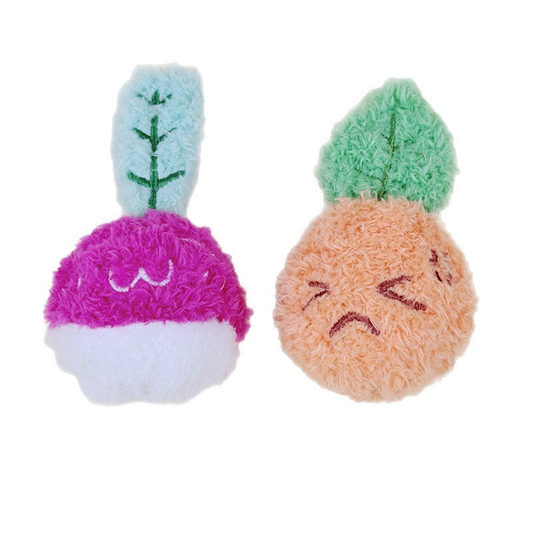 Orange carrot- and fuchsia radish-shaped fuzzy dog toys on a white background