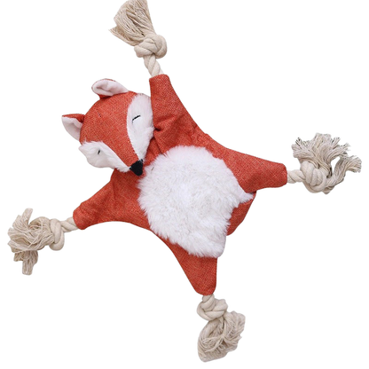 Orange-red fox dog toy with fuzzy belly and knotted rope limbs