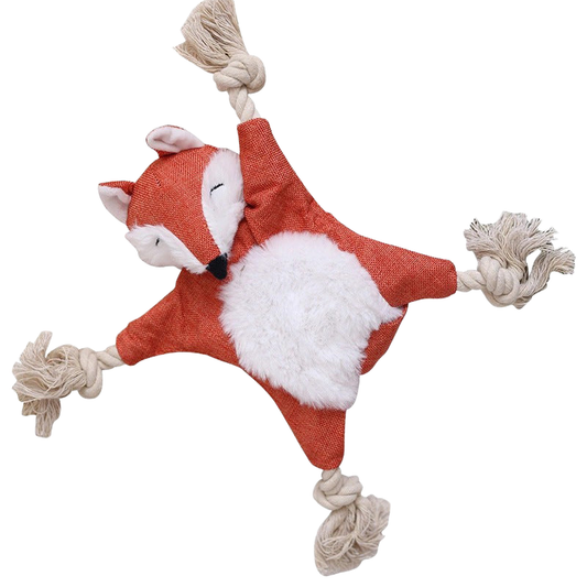 Orange-red fox dog toy with fuzzy belly and knotted rope limbs