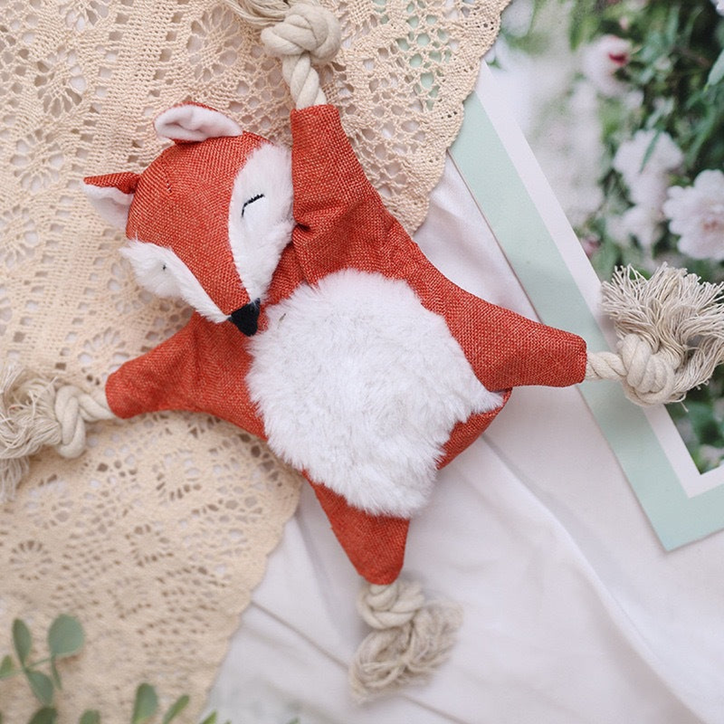 Orange fox dog toy styled with knotted rope limbs