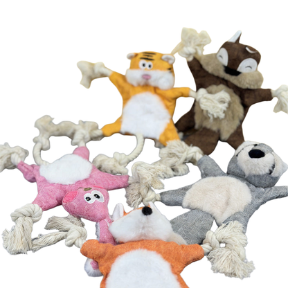 Fox, squirrel, raccoon, rabbit and tiger dog toys displayed together
