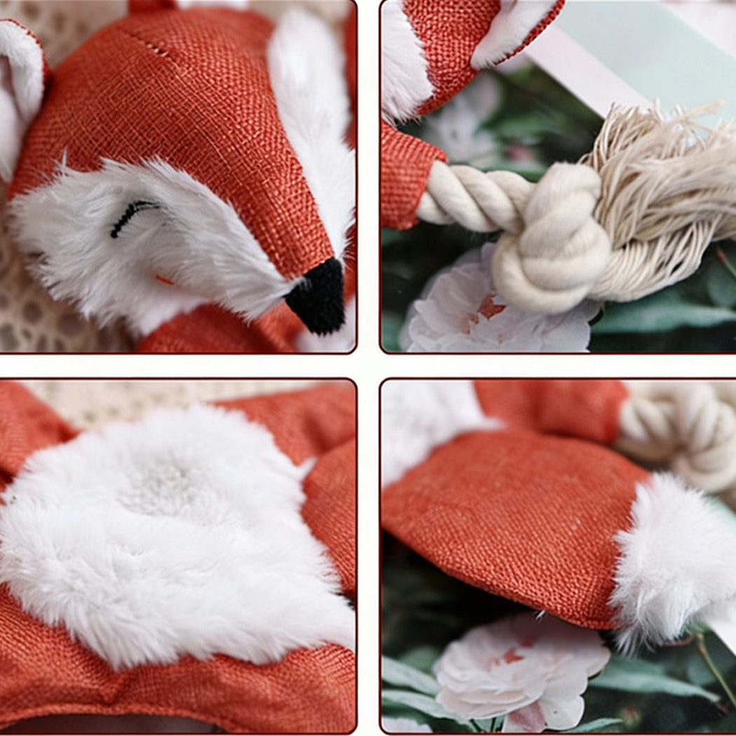 Close-up views of the fox face, fuzzy belly and knotted rope limbs
