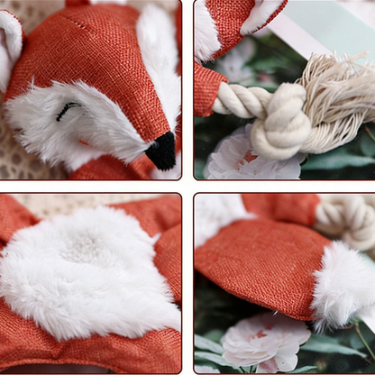 Close-up views of the fox face, fuzzy belly and knotted rope limbs