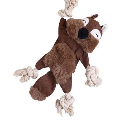 Dark brown squirrel dog toy with fuzzy panels and knotted rope limbs