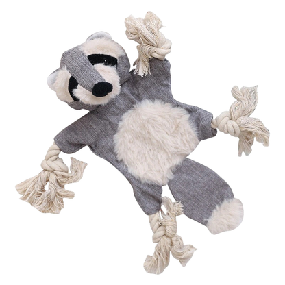Gray raccoon dog toy with fuzzy belly and knotted rope limbs