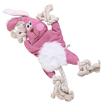 Rose pink rabbit dog toy with fuzzy belly and knotted rope limbs