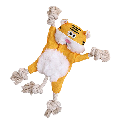Mustard yellow tiger dog toy with fuzzy belly and knotted rope limbs
