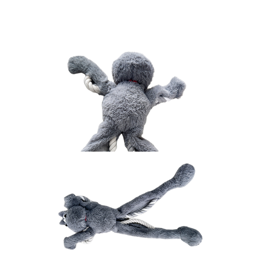 Front and back construction views of the gray cat dog toy