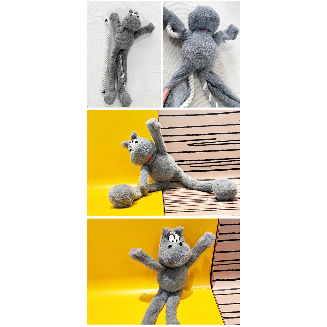 Multiple front and back views of the gray cat-shaped dog toy