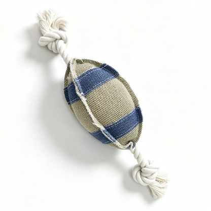 Beige and blue oval dog toy with knotted rope ends