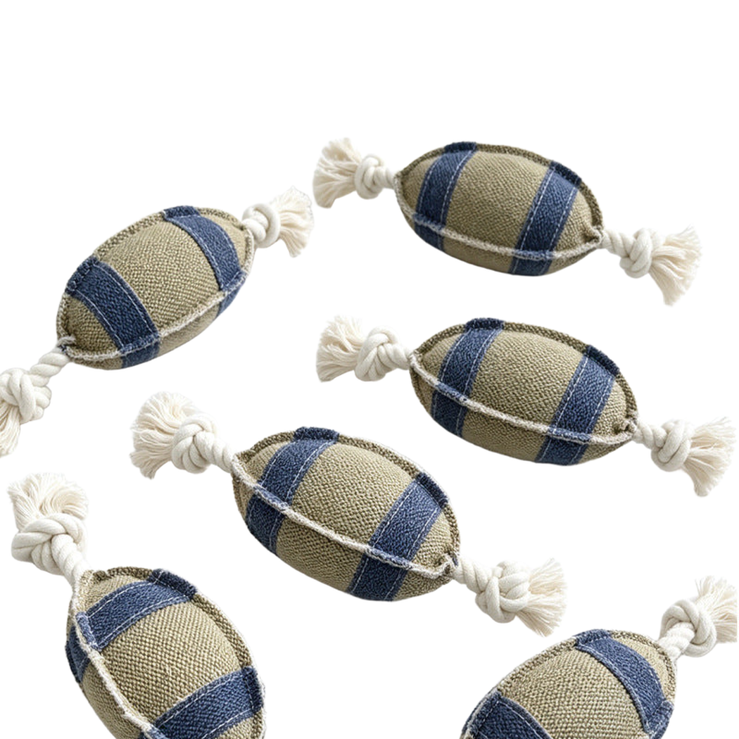 Multiple beige and blue oval rope dog toys arranged together