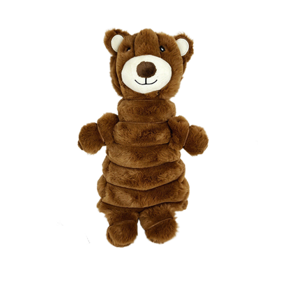 Brown bear plush dog toy with metric dimensions