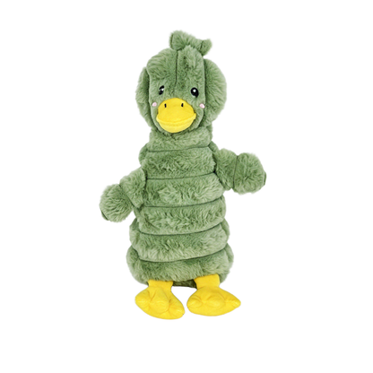 Green duck plush dog toy with metric dimensions