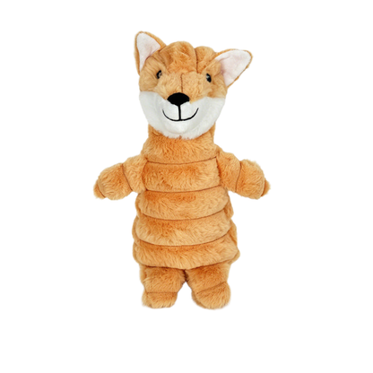 Orange fox plush dog toy with metric dimensions