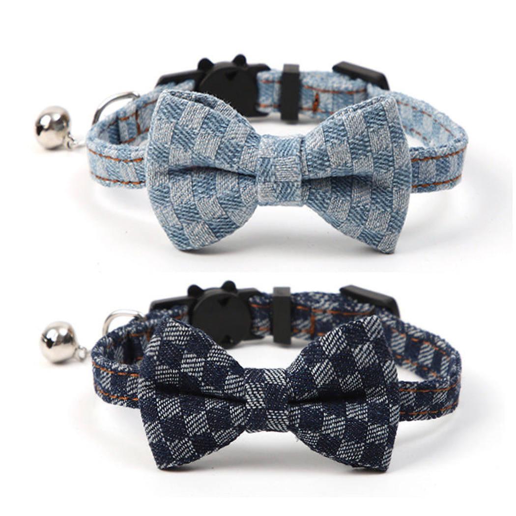 Navy and light blue plaid bow pet collars with bells, front view