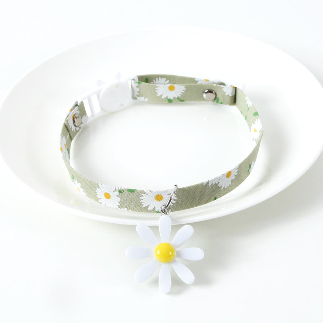 Sage green daisy-print cat collar with white flower charm