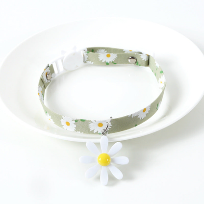 Sage green daisy-print cat collar with white flower charm