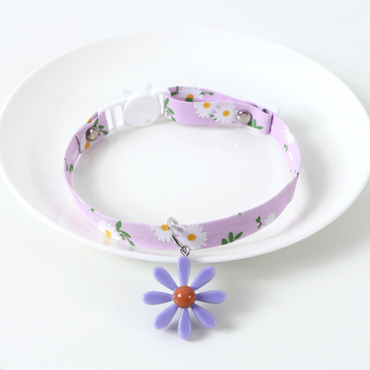 Lavender daisy-print cat collar with purple flower charm
