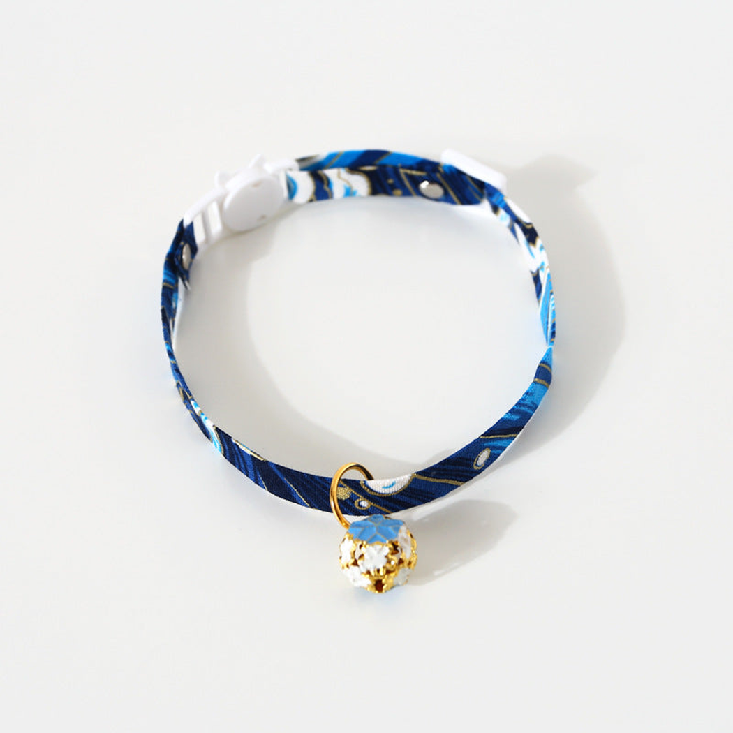 Navy wave-print cat collar with blue floral bell
