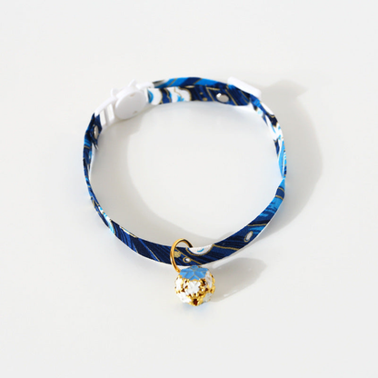 Navy wave-print cat collar with blue floral bell