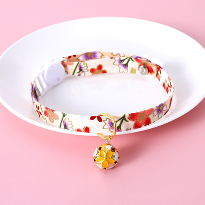 Cream multicolor floral cat collar with yellow floral bell