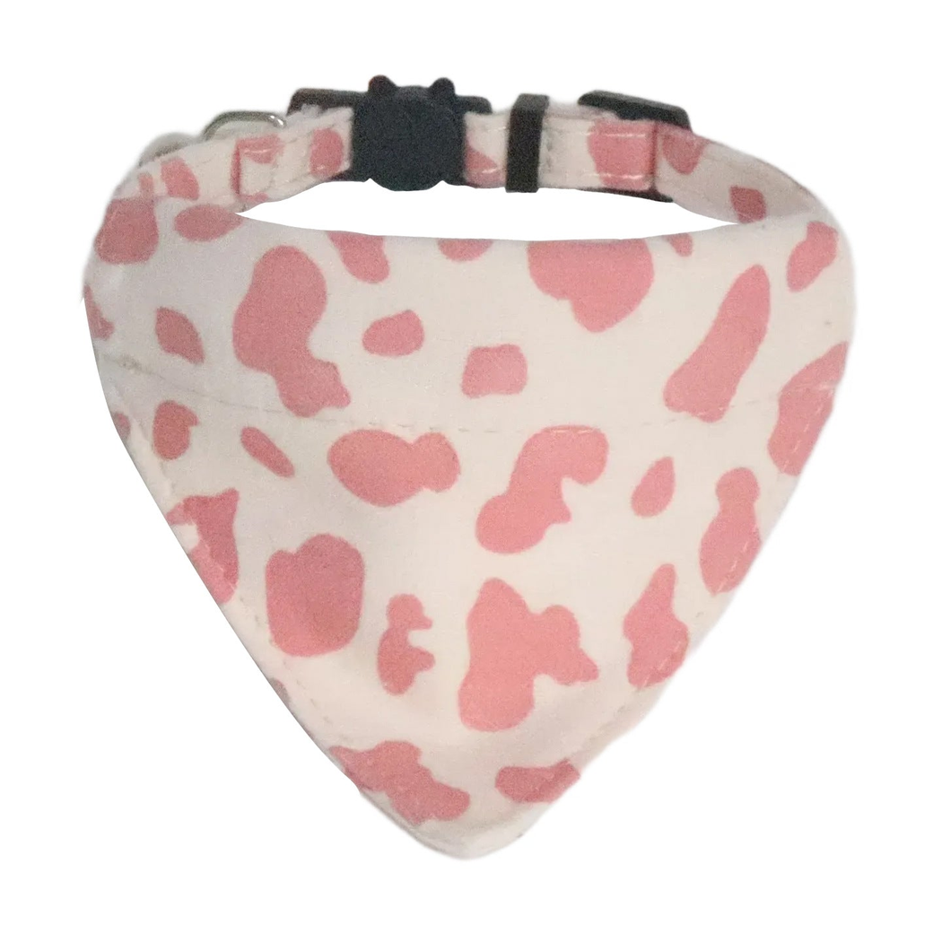Light pink cow-print cat collar with triangular bandana panel