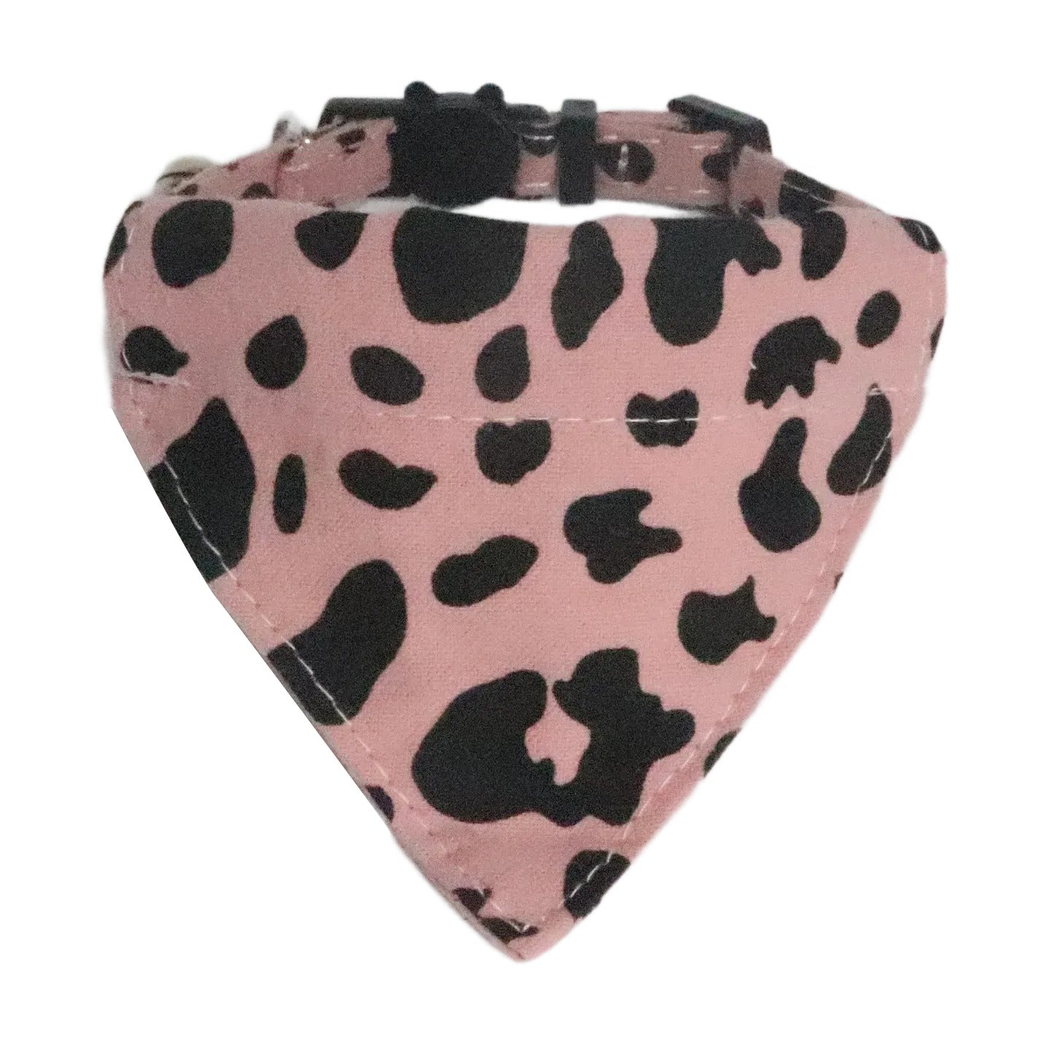 Dusty pink cow-print cat collar with black-spotted triangular bandana panel