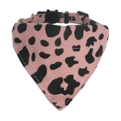 Dusty pink cow-print cat collar with black-spotted triangular bandana panel