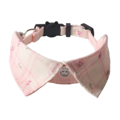 Light pink plaid cat collar with pointed floral collar panels and cat-face buckle