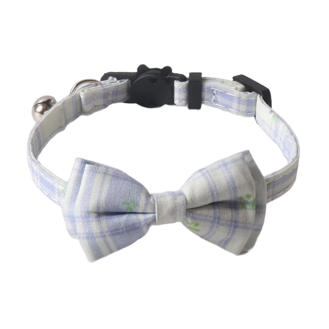Light purple plaid cat collar with floral bow tie and bell