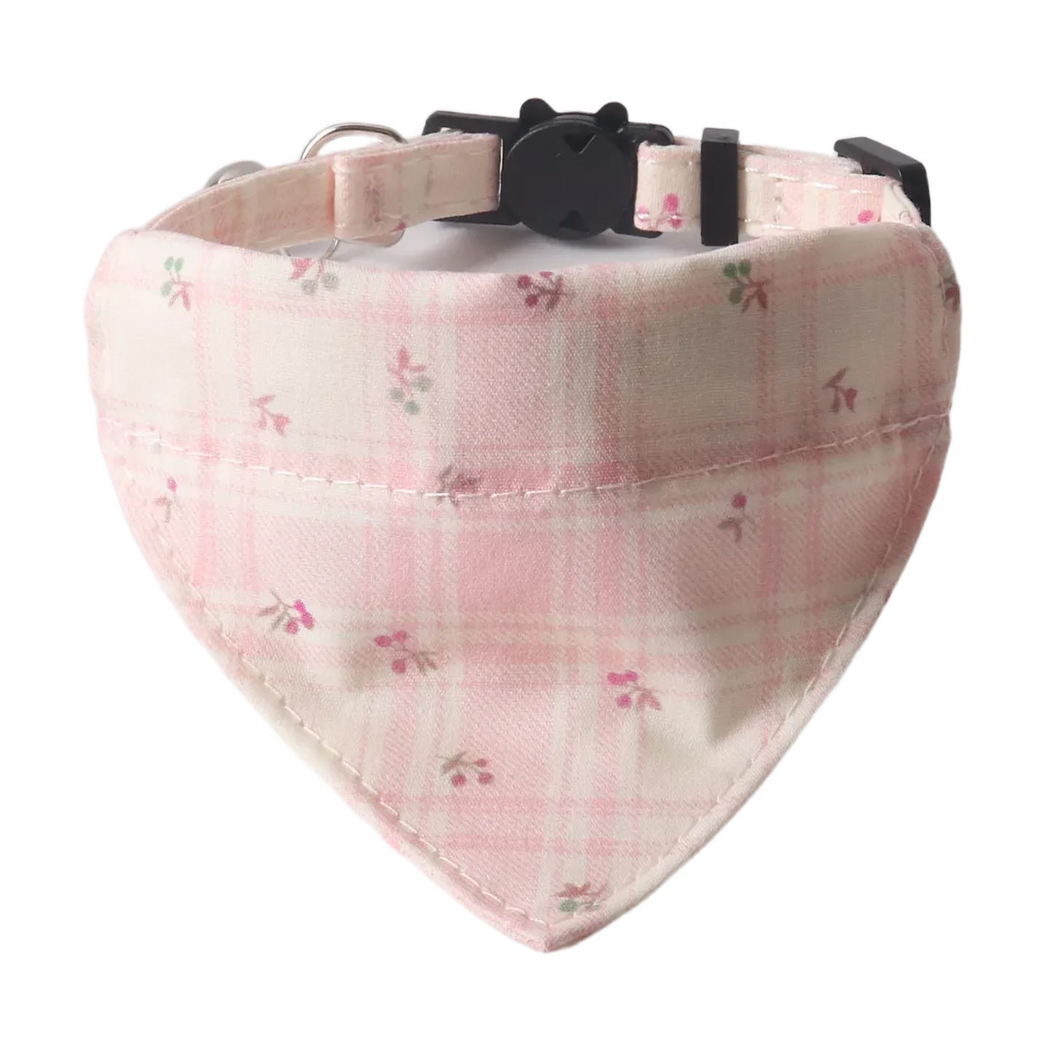 Light pink plaid cat collar with floral triangular bandana
