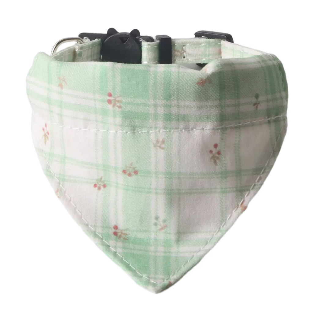 Mint plaid cat collar with floral triangular bandana