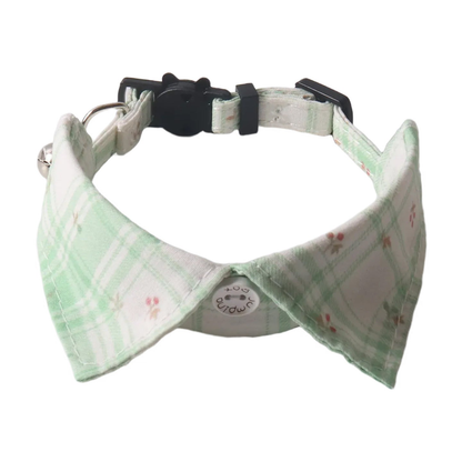 Mint plaid cat collar with pointed floral collar panels and cat-face buckle