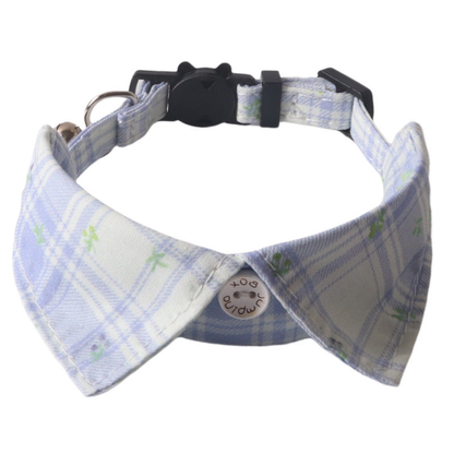 Light purple plaid cat collar with pointed floral collar panels and cat-face buckle