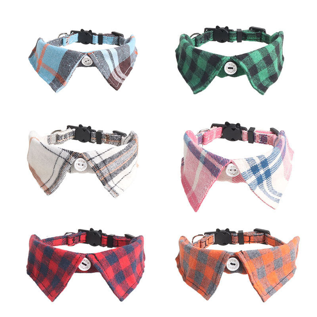 Six plaid bow cat collars displayed in a two-column arrangement