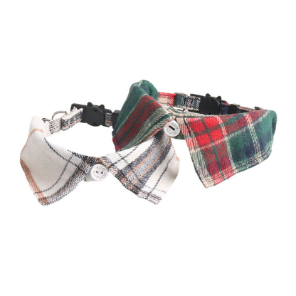 Ivory plaid and green tartan bow cat collars displayed together