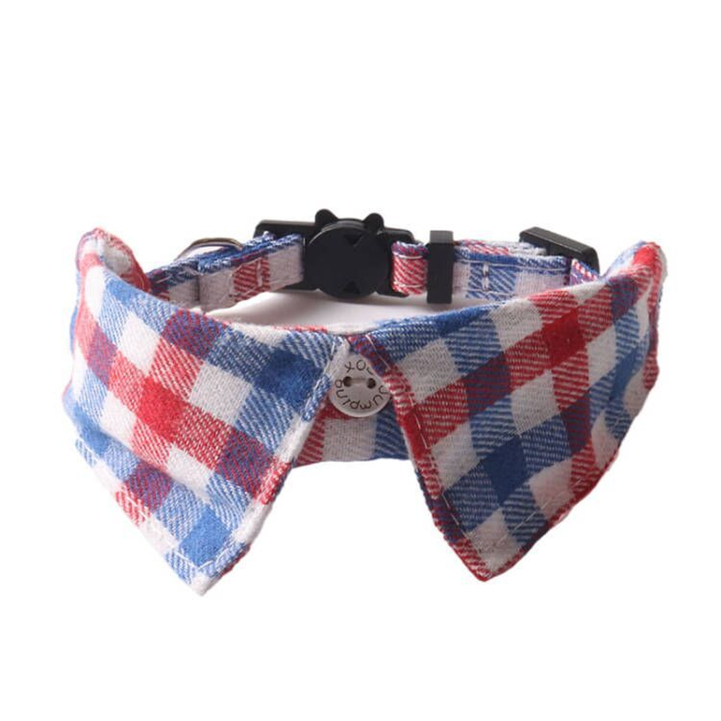 Light blue, white and red plaid bow cat collar with cat-face buckle