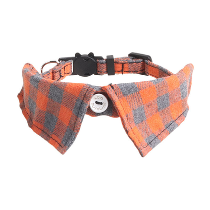 Orange and gray plaid bow cat collar with cat-face buckle