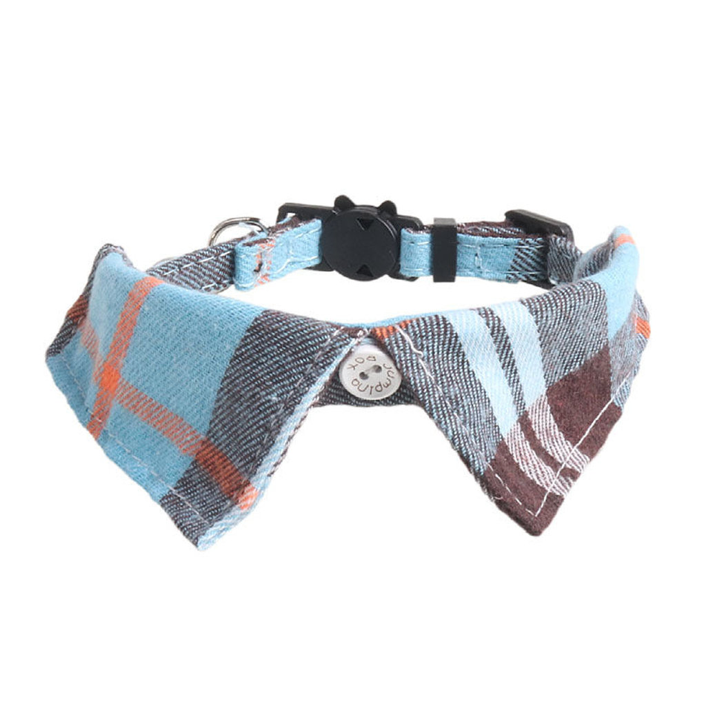Light blue and brown plaid bow cat collar with cat-face buckle