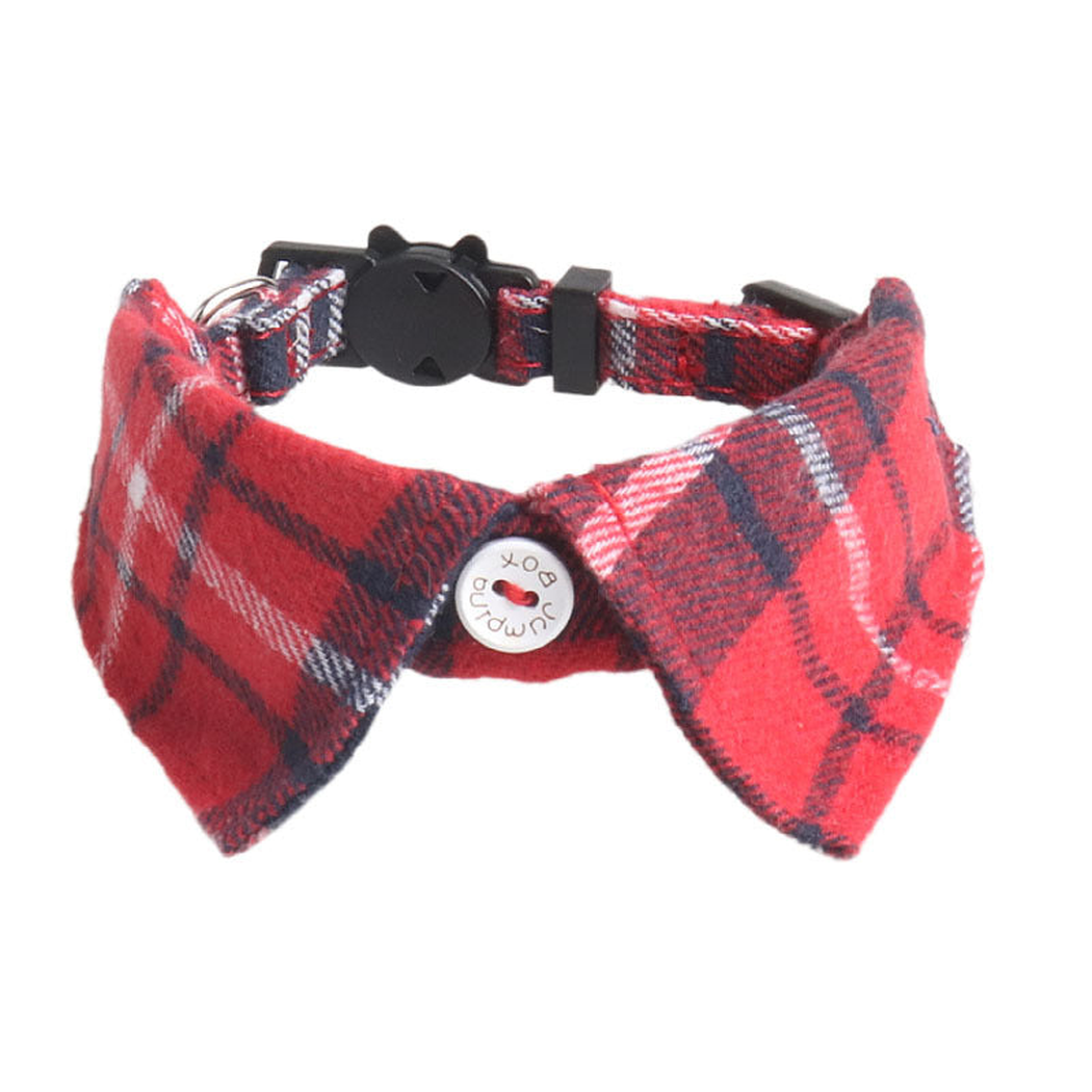 Red and navy tartan bow cat collar with cat-face buckle