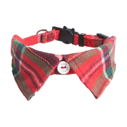 Red and green tartan bow cat collar with cat-face buckle