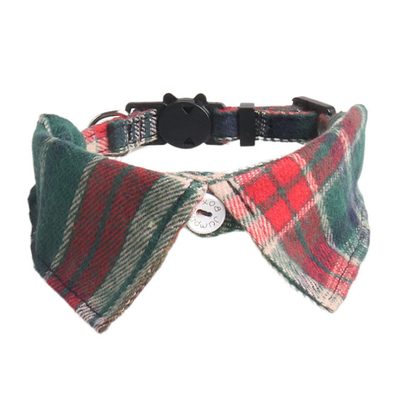 Dark green and red tartan bow cat collar with cat-face buckle