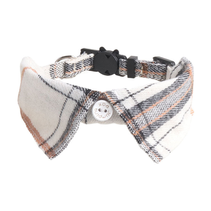 Ivory, gray and tan plaid bow cat collar with cat-face buckle