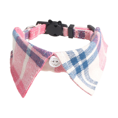 Pink, blue and white plaid bow cat collar with cat-face buckle