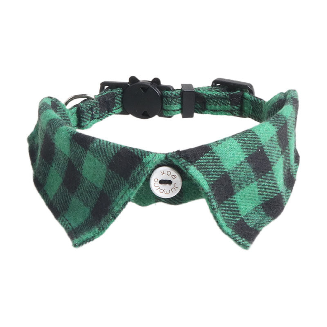 Green and black buffalo plaid bow cat collar with cat-face buckle