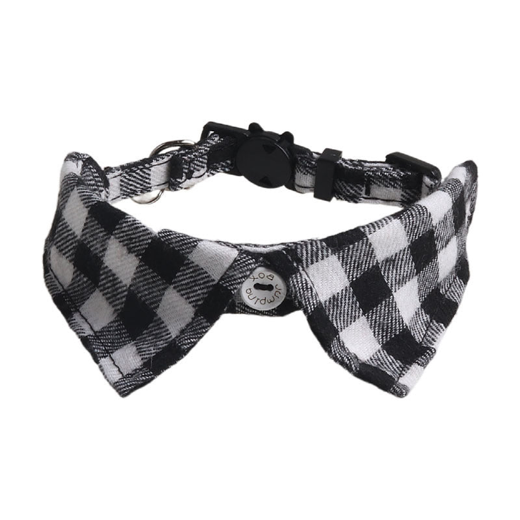 Black and white plaid bow cat collar with cat-face buckle