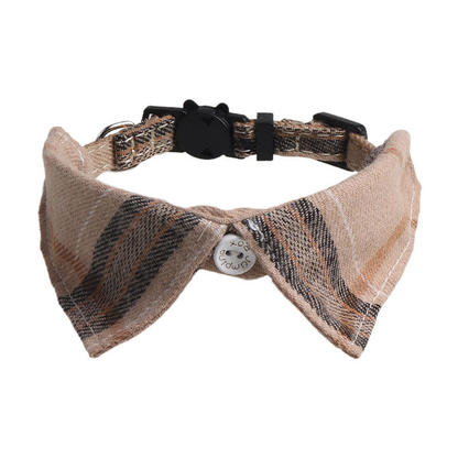 Beige and brown plaid bow cat collar with cat-face buckle